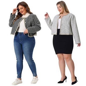 2 pc Women's Plus Size Plaid Tweed Blazer Collarless Long Sleeve Open Front Jacket