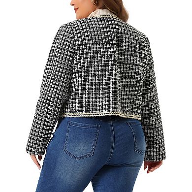 2 Pcs Women's Plus Size Plaid Tweed Blazer Collarless Long Sleeve Open Front Jacket