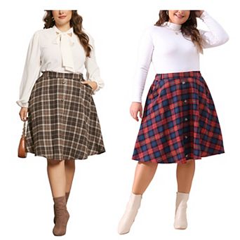 2 pc Women's Plus Size A-Line Skirt Plaid Elastic High Waist Button Front with Pockets