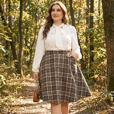 2 Pcs Women's Plus Size A-Line Skirt Plaid Elastic High Waist Button Front with Pockets