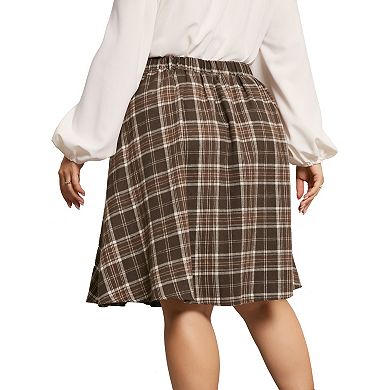 2 Pcs Women's Plus Size A-Line Skirt Plaid Elastic High Waist Button Front with Pockets
