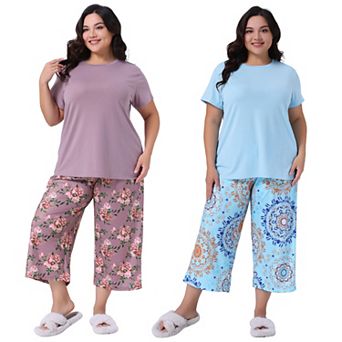 2 Sets Women's Plus Size Pajama Set Short Sleeve Tops with Pants Two-Piece Pajamas Sets