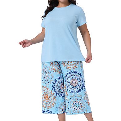 2 Sets Women's Plus Size Pajama Set Short Sleeve Tops with Pants Two-Piece Pajamas Sets