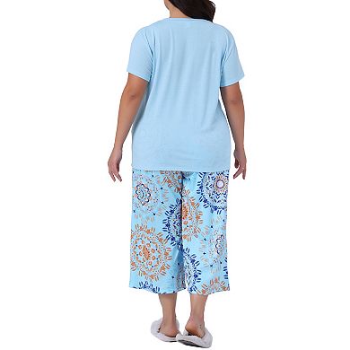 2 Sets Women's Plus Size Pajama Set Short Sleeve Tops with Pants Two-Piece Pajamas Sets
