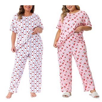 2 Sets Women's Plus Size Pajama Set Short Sleeve Elastic Soft Pants with Pockets Nightwear Sleepwear
