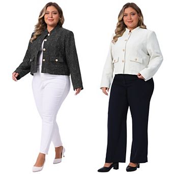 2 pc Women's Plus Size Tweed Jackets Long Sleeve Button Down Casual Cropped Jacket with Pockets
