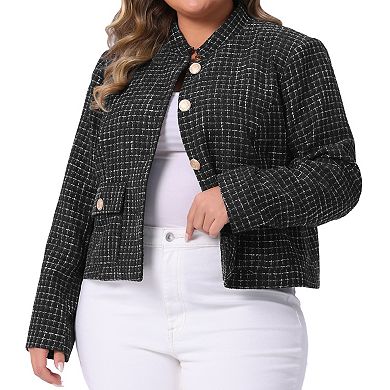 2 Pcs Women's Plus Size Tweed Jackets Long Sleeve Button Down Casual Cropped Jacket with Pockets