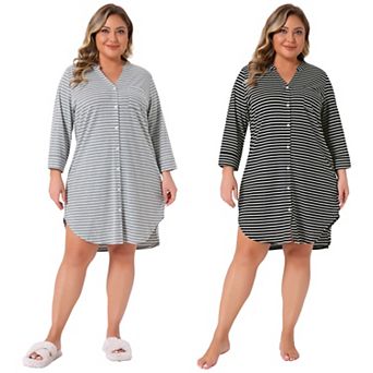 2 Packs Women's Plus Size Button Down Sleepshirt Soft Pajamas Dress V Neck 3/4 Sleeve Nightgown