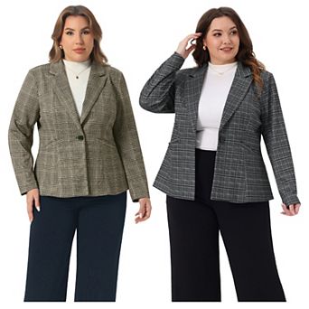 2 pc Women's Plus Size Blazers Business Plaid Notched Lapel Long Sleeve Button Jacket with Pockets