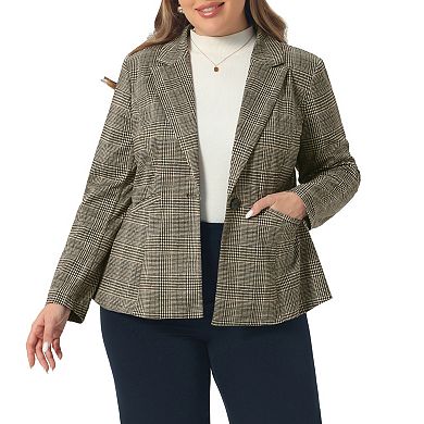 2 Pcs Women's Plus Size Blazers Business Plaid Notched Lapel Long Sleeve Button Jacket with Pockets
