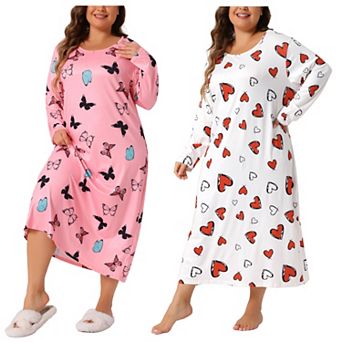 2 Packs Women's Plus Size Pajamas Crew Neck Long Sleeve Casual Print Sleep Dress Nightgown Sleepwear