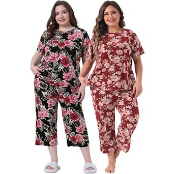 2 Sets Women's Plus Size Pajama Set Short Sleeve Sleepwear Soft Lounge Set Loungewear