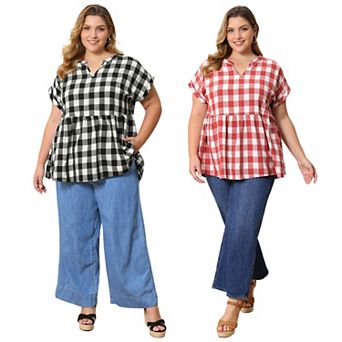 2 pc Women's Plus Size Gingham Tops Plaid Raglan Sleeve Notch Neck Casual Babydoll Peplum Blouse