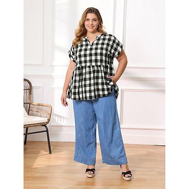2 Pcs Women's Plus Size Gingham Tops Plaid Raglan Sleeve Notch Neck Casual Babydoll Peplum Blouse