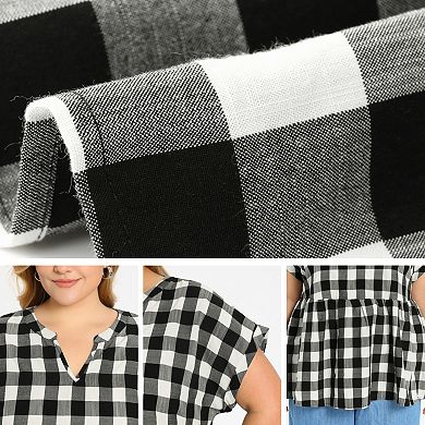 2 Pcs Women's Plus Size Gingham Tops Plaid Raglan Sleeve Notch Neck Casual Babydoll Peplum Blouse