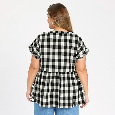 2 Pcs Women's Plus Size Gingham Tops Plaid Raglan Sleeve Notch Neck Casual Babydoll Peplum Blouse