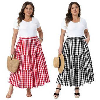 2 pc Plus Size Gingham Skirts Tiered Layer A Line with Pockets Flowy Vintage Plaid Maxi Long Skirts