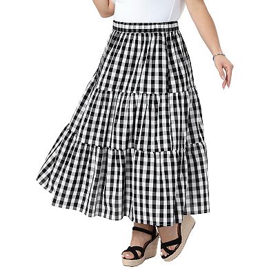 2 Pcs Plus Size Gingham Skirts Tiered Layer A Line with Pockets Flowy Vintage Plaid Maxi Long Skirts