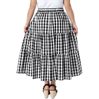 2 Pcs Plus Size Gingham Skirts Tiered Layer A Line with Pockets Flowy Vintage Plaid Maxi Long Skirts