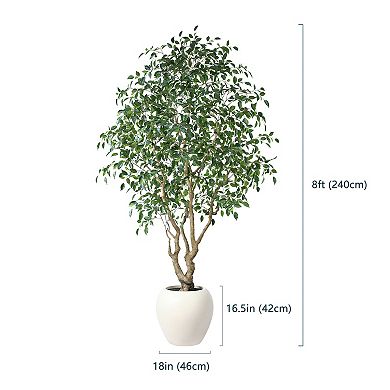 Artificial Ficus Tree 8ft, Realistic Faux Plant in White Planter for Indoor Home Office Decor