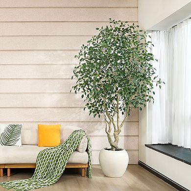 Artificial Ficus Tree 8ft, Realistic Faux Plant in White Planter for Indoor Home Office Decor