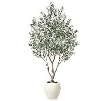 Artificial Olive Tree 8ft, Realistic Faux Plant in White Planter for Indoor Home Office Decor