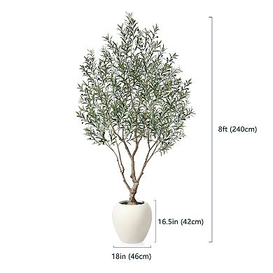 Artificial Olive Tree 8ft, Realistic Faux Plant in White Planter for Indoor Home Office Decor