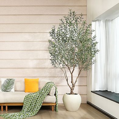 Artificial Olive Tree 8ft, Realistic Faux Plant in White Planter for Indoor Home Office Decor