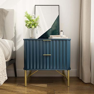 2-Drawer Nightstand with Fluted Design, Gold Handles, Curved Accent Bedside Table, Metal Legs