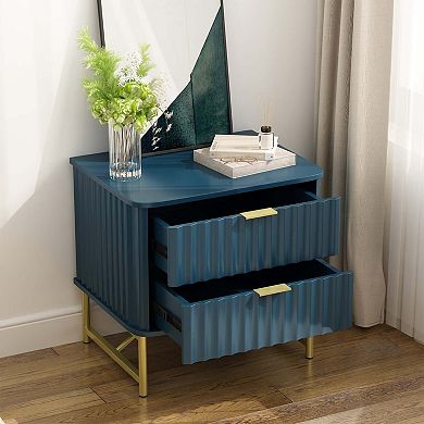2-Drawer Nightstand with Fluted Design, Gold Handles, Curved Accent Bedside Table, Metal Legs