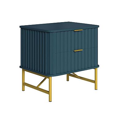 2-Drawer Nightstand with Fluted Design, Gold Handles, Curved Accent Bedside Table, Metal Legs