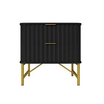 2-Drawer Nightstand with Fluted Design, Gold Handles, Curved Accent Bedside Table, Metal Legs