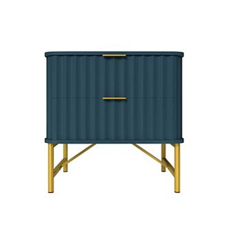 2-Drawer Nightstand with Fluted Design, Gold Handles, Curved Accent Bedside Table, Metal Legs