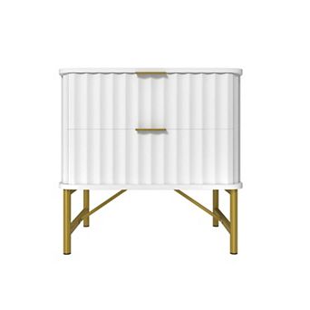 2-Drawer Nightstand with Fluted Design, Gold Handles, Curved Accent Bedside Table, Metal Legs