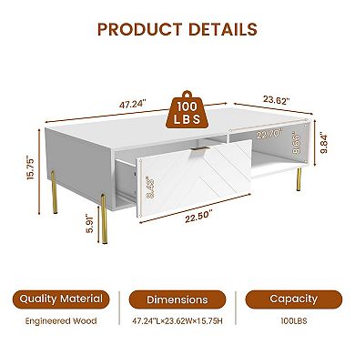 47. 24 in Rectangle MDF Coffee Table Modern Accent Table with 2 Drawers and storage