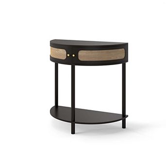 31.88 in Boho Half Moon Console Table with Sliding Rattan Doors and Bottom Shelf Black