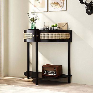 31.88 in Boho Half Moon Console Table with Sliding Rattan Doors and Bottom Shelf Black