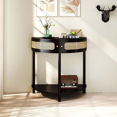 31.88 in Boho Half Moon Console Table with Sliding Rattan Doors and Bottom Shelf Black