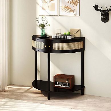 31.88 in Boho Half Moon Console Table with Sliding Rattan Doors and Bottom Shelf Black