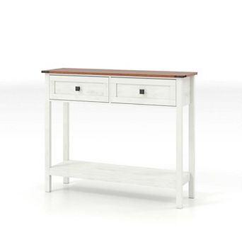 39.37 in Farmhouse Console Table with 2 Drawers and Bottom Shelf Antique White