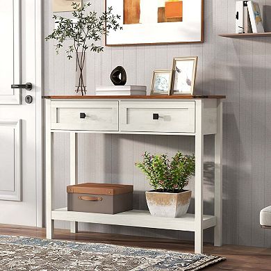 39.37 in Farmhouse Console Table with 2 Drawers and Bottom Shelf Antique White