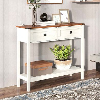 39.37 in Farmhouse Console Table with 2 Drawers and Bottom Shelf Antique White
