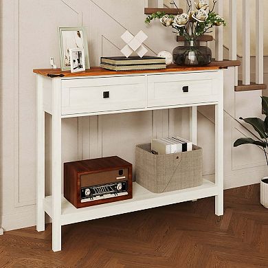 39.37 in Farmhouse Console Table with 2 Drawers and Bottom Shelf Antique White