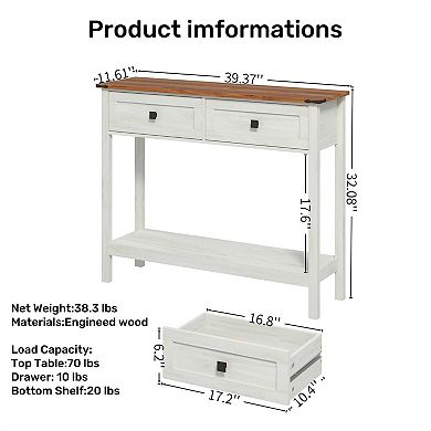 39.37 in Farmhouse Console Table with 2 Drawers and Bottom Shelf Antique White