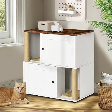 IFMALL Double Cat Litter Box Enclosure Furniture Cabinet with Shelving Space