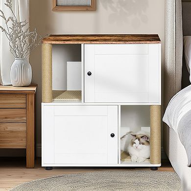IFMALL Double Cat Litter Box Enclosure Furniture Cabinet with Shelving Space