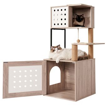 IFMALL All-in-One Cat Tree Tower with Hammock Bed Feeding Station Scratching Posts