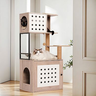 IFMALL All-in-One Cat Tree Tower with Hammock Bed Feeding Station Scratching Posts