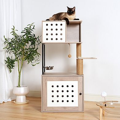 IFMALL All-in-One Cat Tree Tower with Hammock Bed Feeding Station Scratching Posts