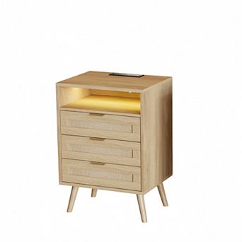 Rattan Nightstand with Charging Station (2 AC/2 USB), LED Lights & 3 Drawers, Boho Bedside Table